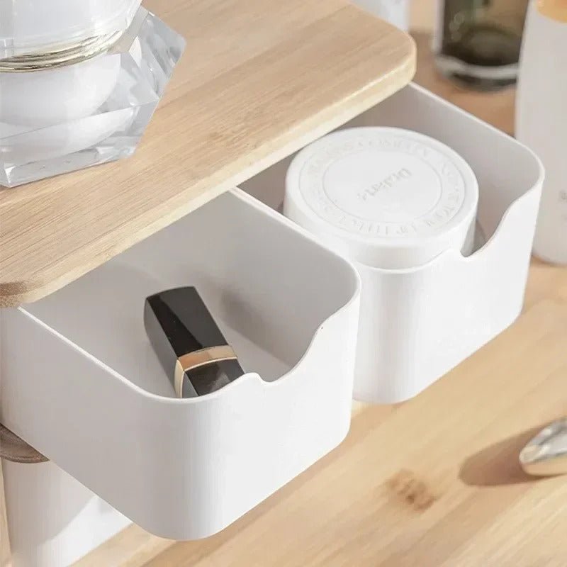 Boite rangement maquillage bambou avec tiroir plastique blanc