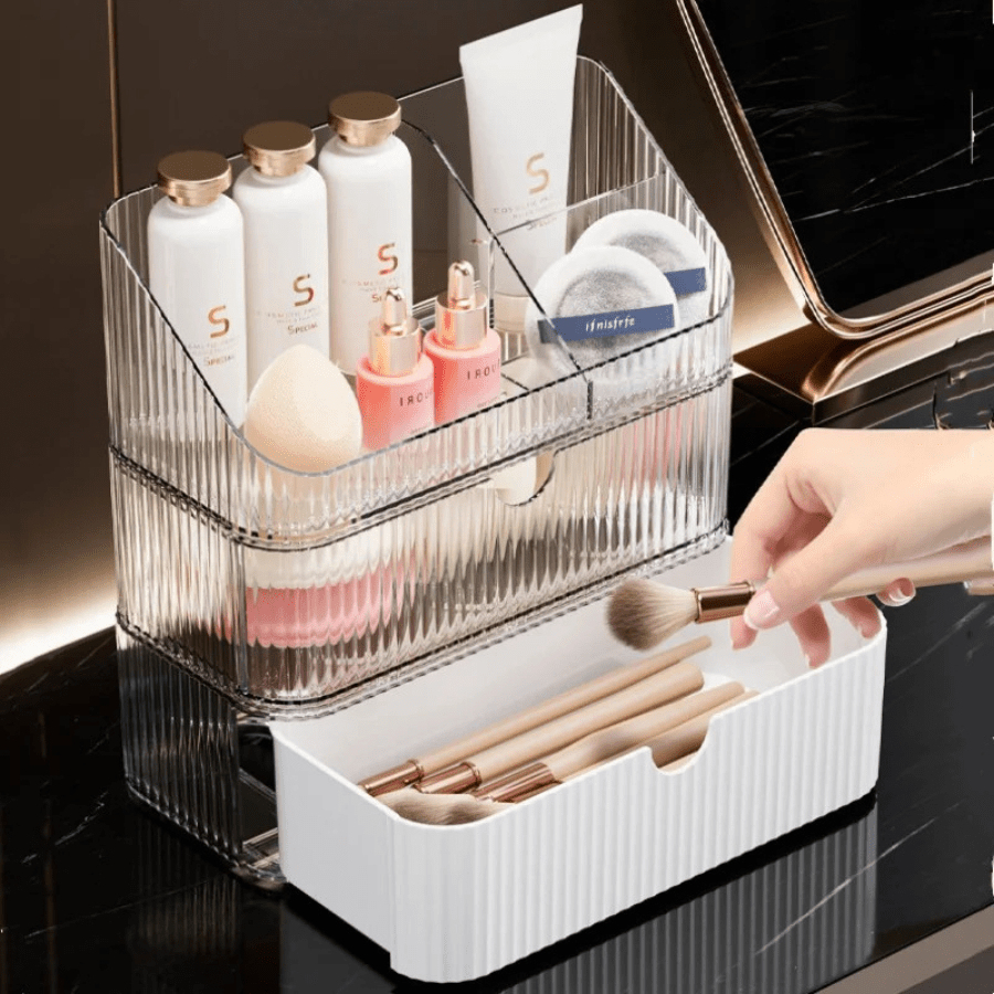 boite rangement maquillage double tiroir ouvert pinceau
