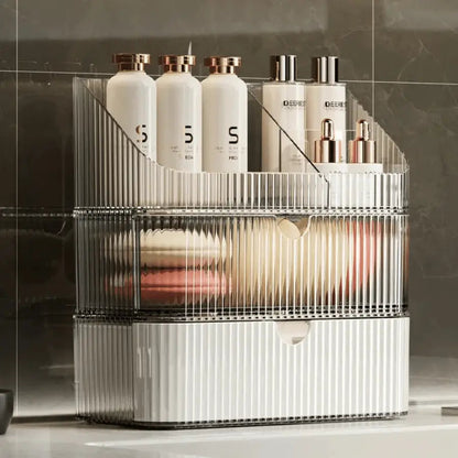 Boite rangement maquillage double tiroir blanc et transparent