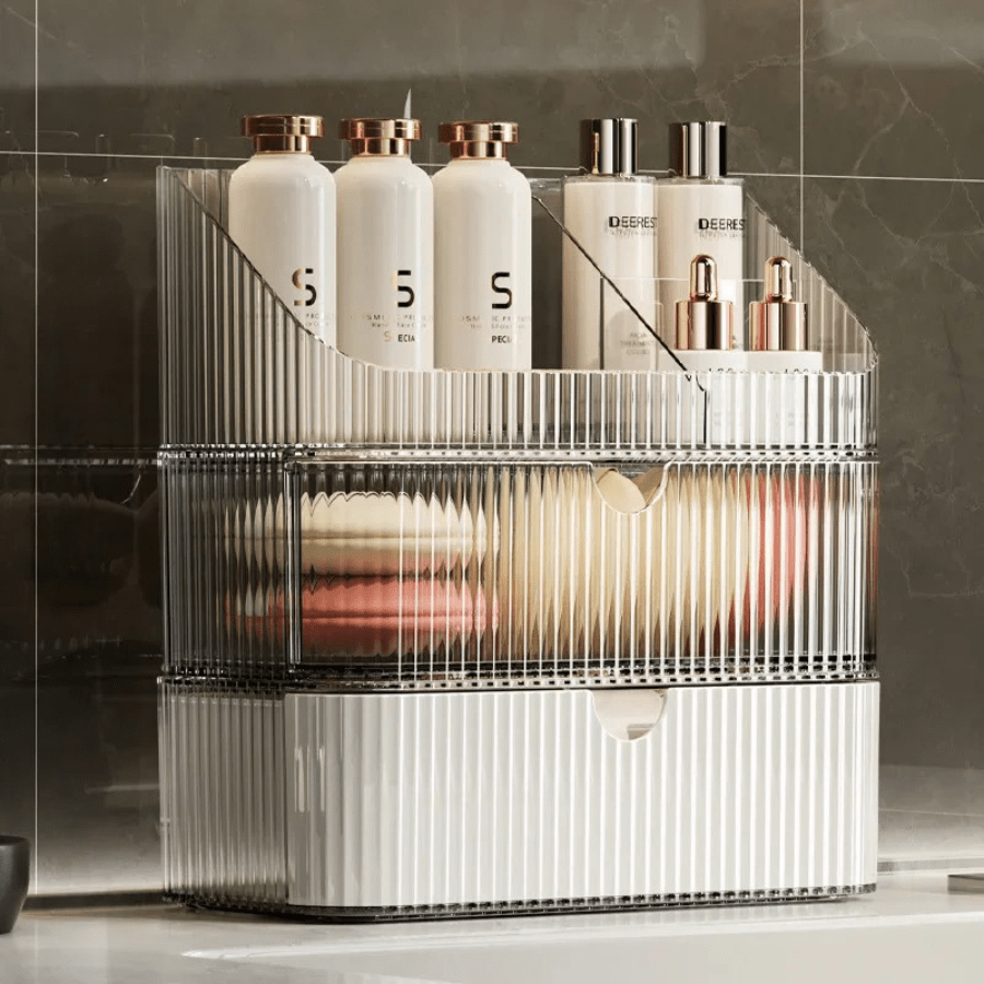 Boite rangement maquillage double tiroir blanc et transparent