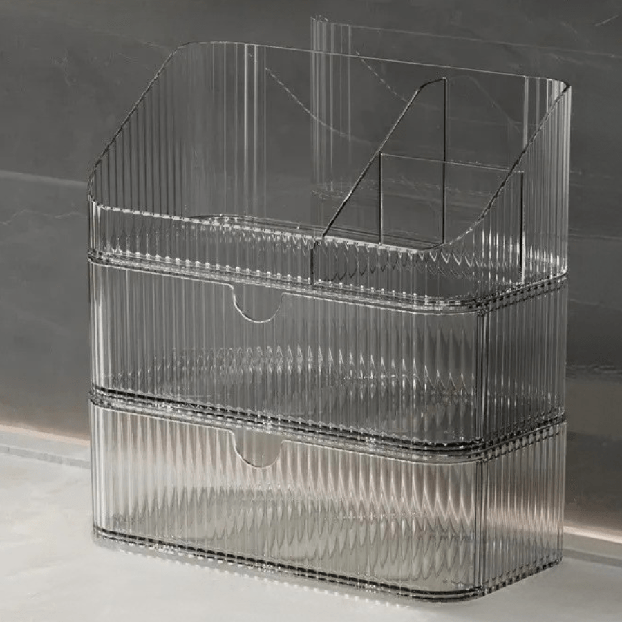 Boite rangement maquillage double tiroir clair plastique