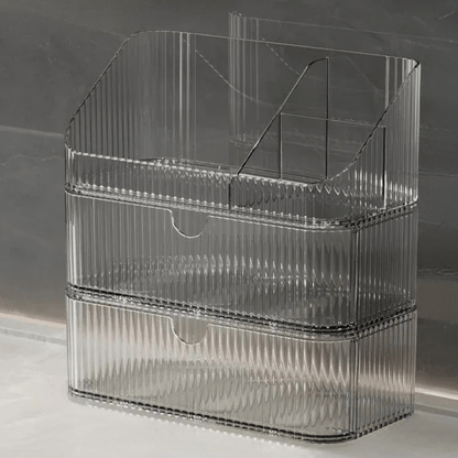 Boite rangement maquillage double tiroir clair plastique