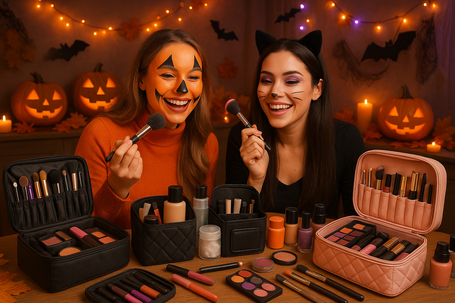 Dans un décor d'Halloween voir des jeunes femmes adulte souriante se préparé leur maquillage d'Halloween avec leur trousse de toilette et des rangements maquillages à leur porter.