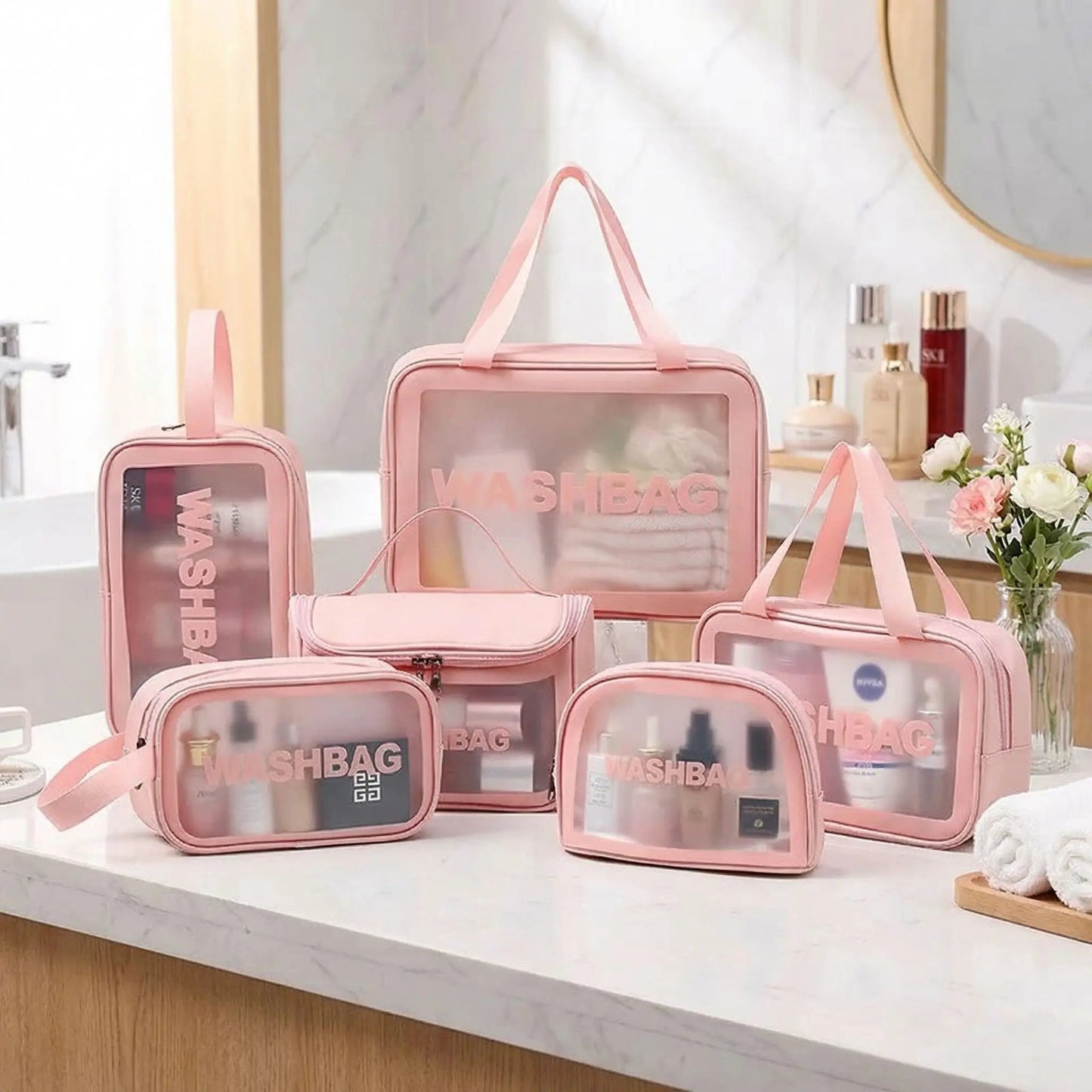 six trousses de toilette voyage rose pvc