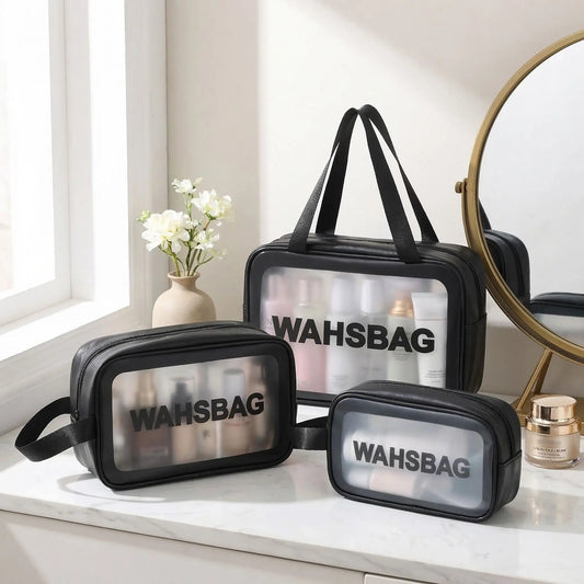trois trousses de toilette voyage noir en pvc