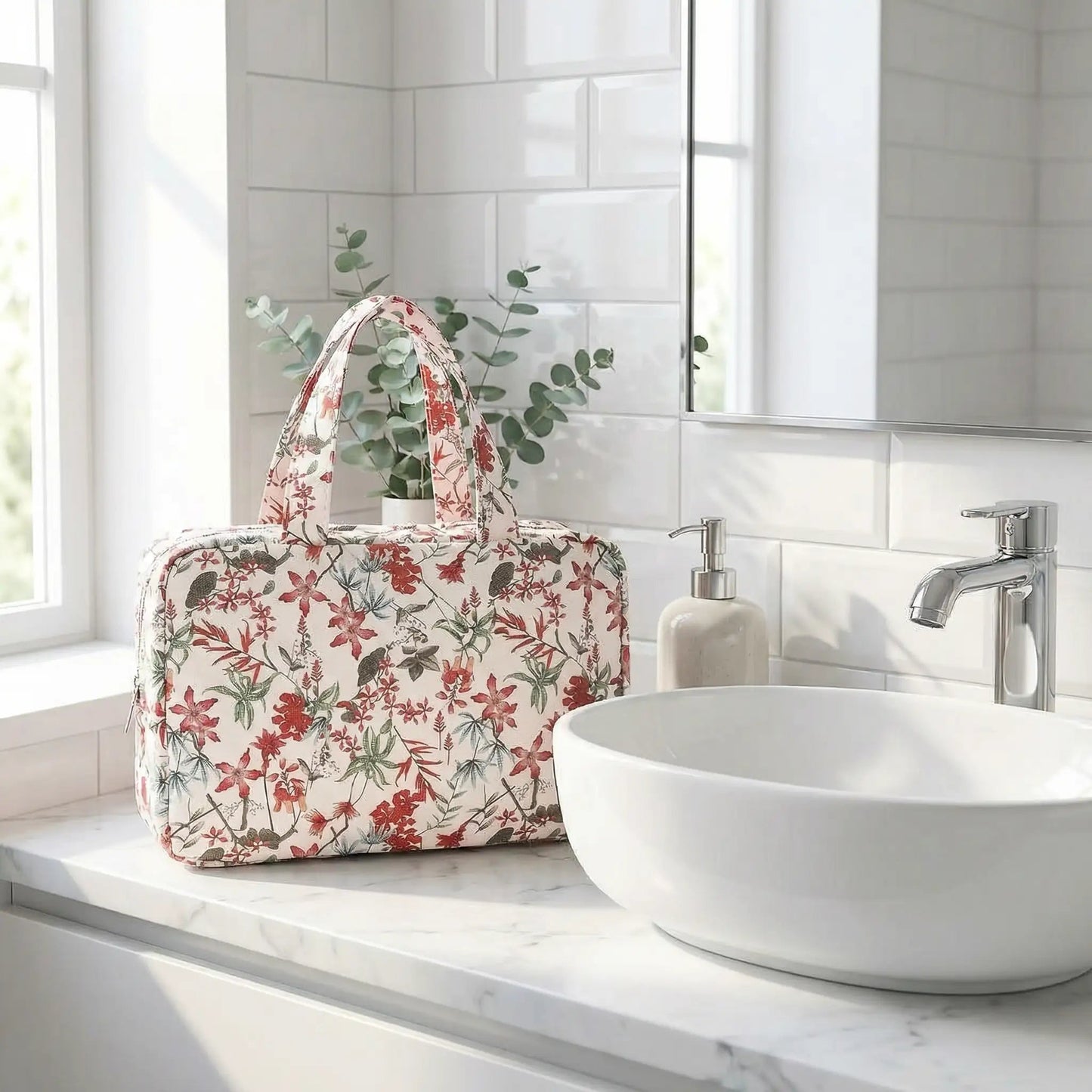 Grande trousse de toilette femme fleur rouge salle de bain