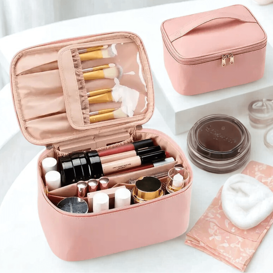 Grande trousse de toilette en cuir rose rangement multi intérieur