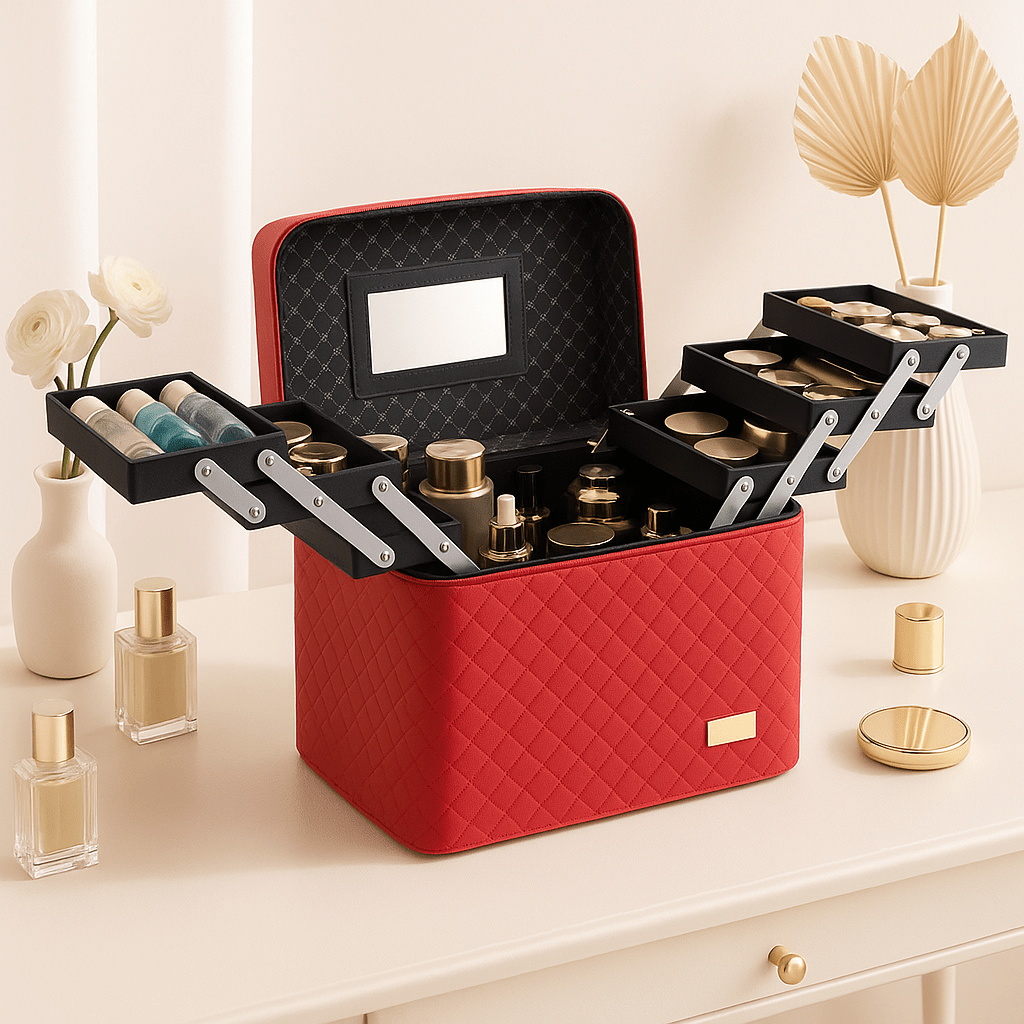 Malette maquillage rouge avec des motifs diamant