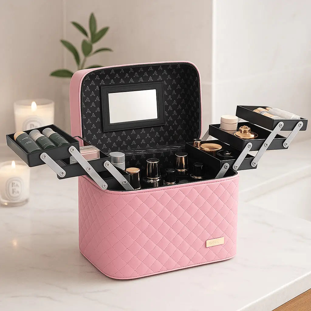 Malette maquillage rose pâle en simili cuir motif diamant