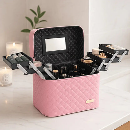 Malette maquillage rose pâle en simili cuir motif diamant