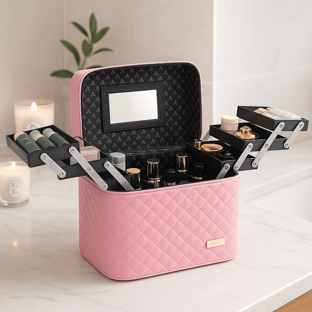 Malette maquillage rose pâle en simili cuir motif diamant