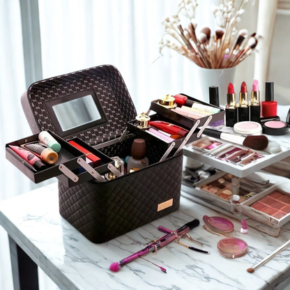 Malette maquillage noir sur table avec cosmétique