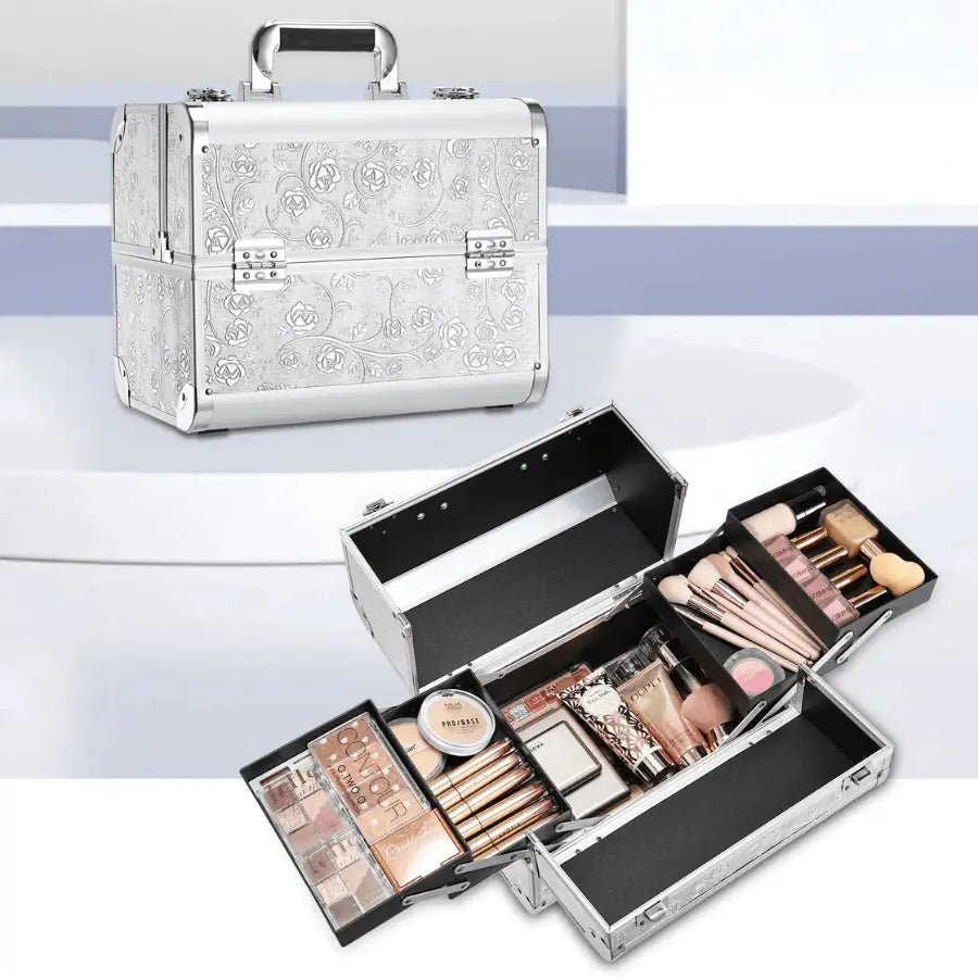 malette maquillage boite de rangement en métal motif fleurs