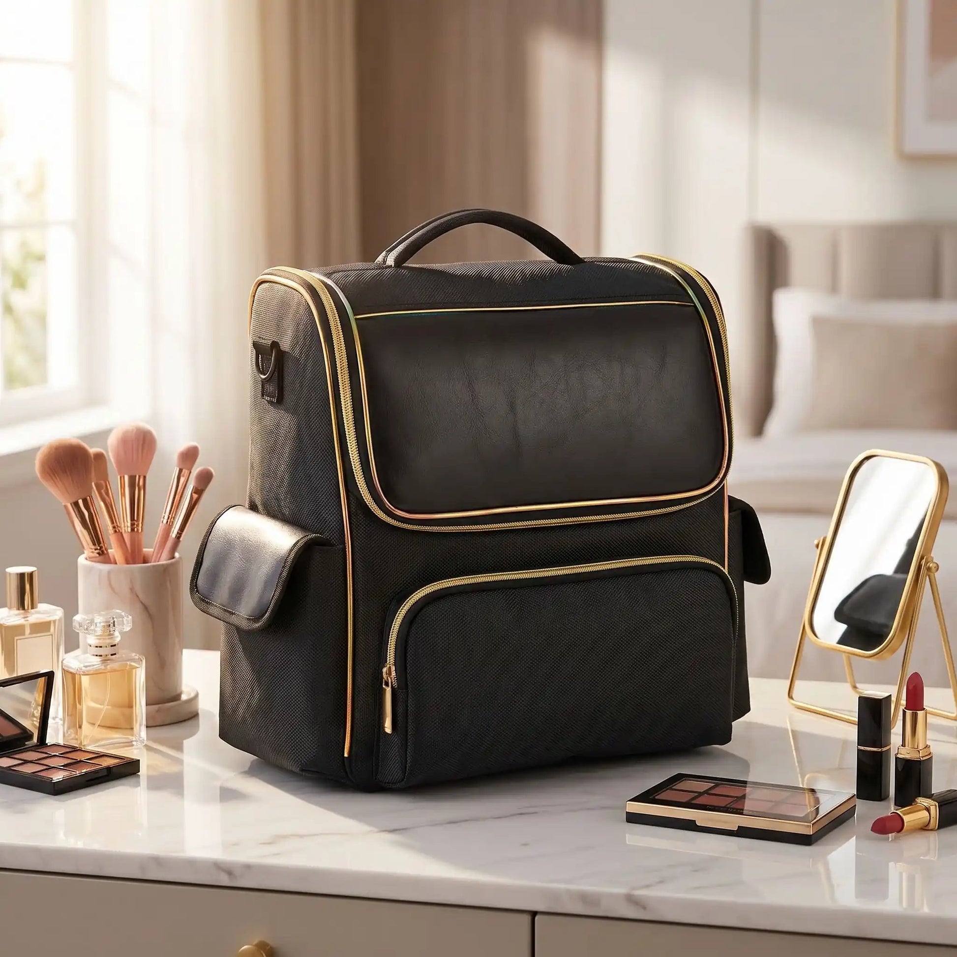 malette maquillage noir avec bordure doré