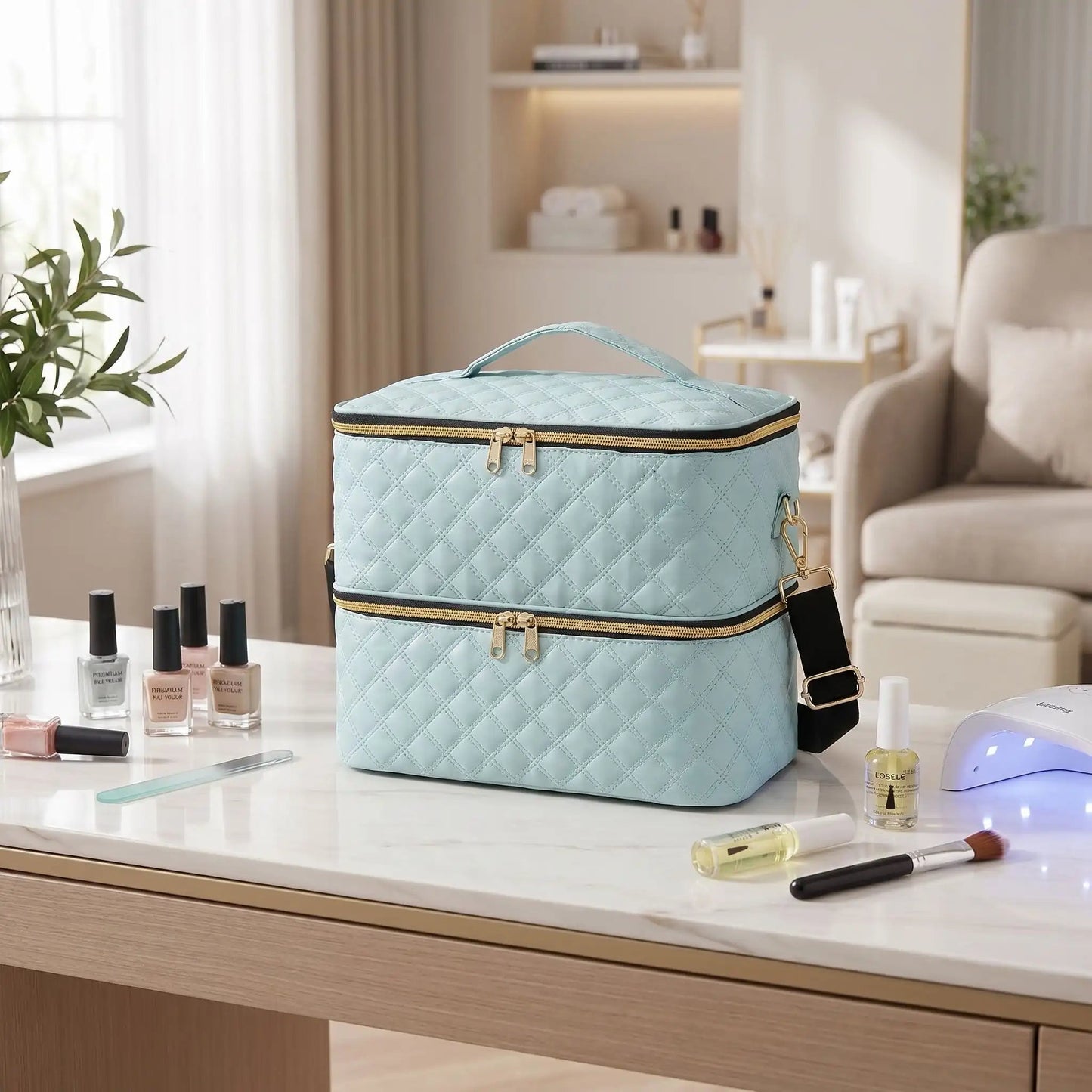 malette maquillage pofessionnelle vert pâle table manucure