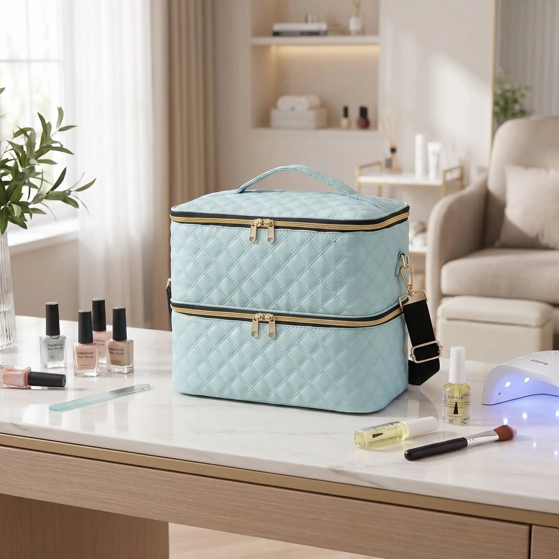 malette maquillage pofessionnelle vert pâle table manucure
