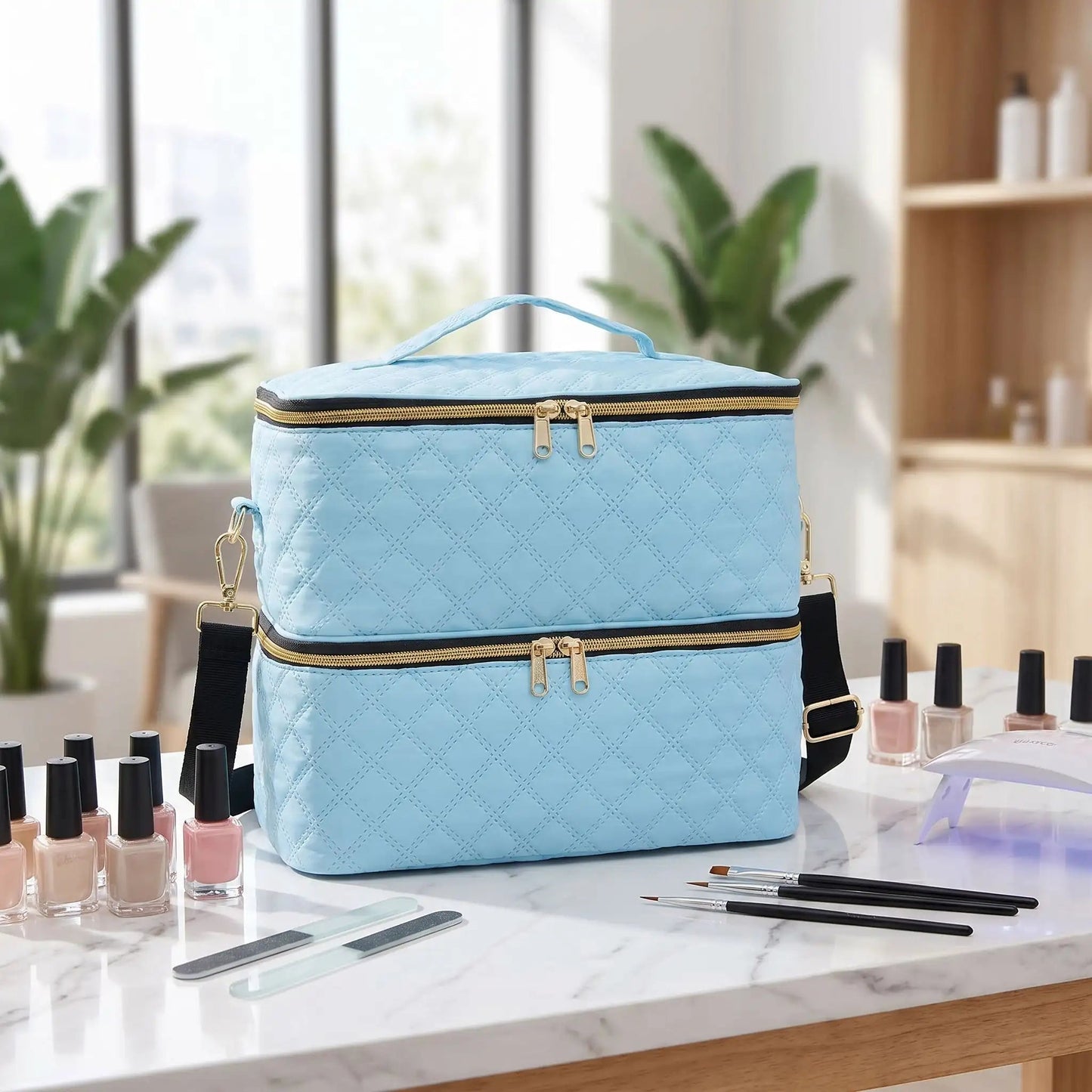 malette maquillage professionnelle bleu matelassé