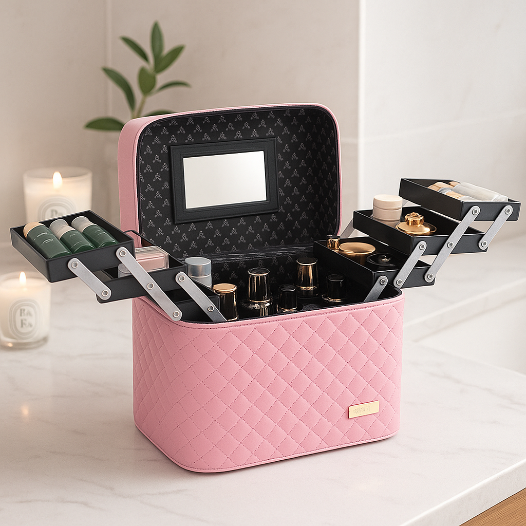 Malette maquillage rose pâle en simili cuir motif diamant