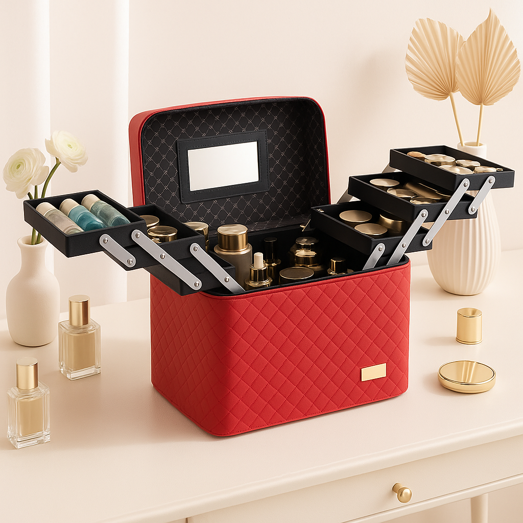 Malette maquillage rouge avec des motifs diamant