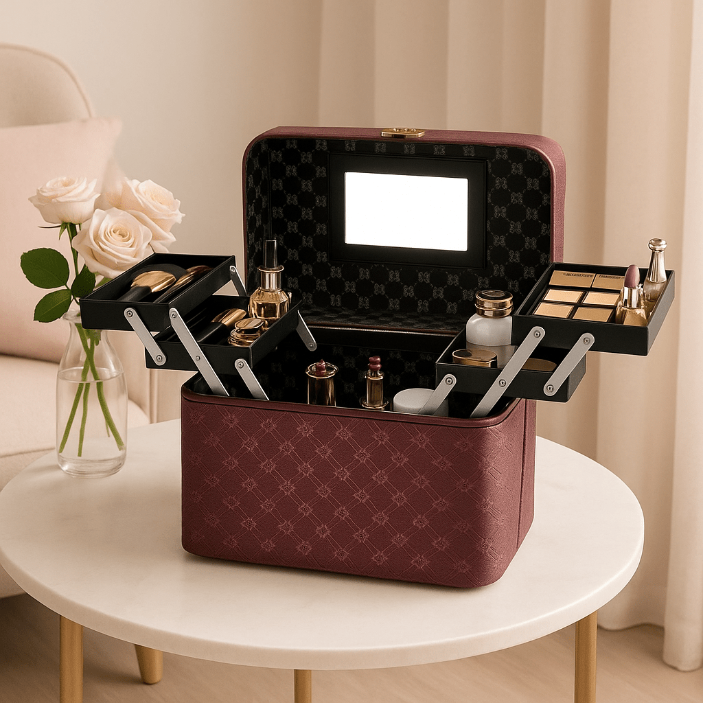 Mallette à maquillage bourgogne chic plateau ouvrant chaque côté