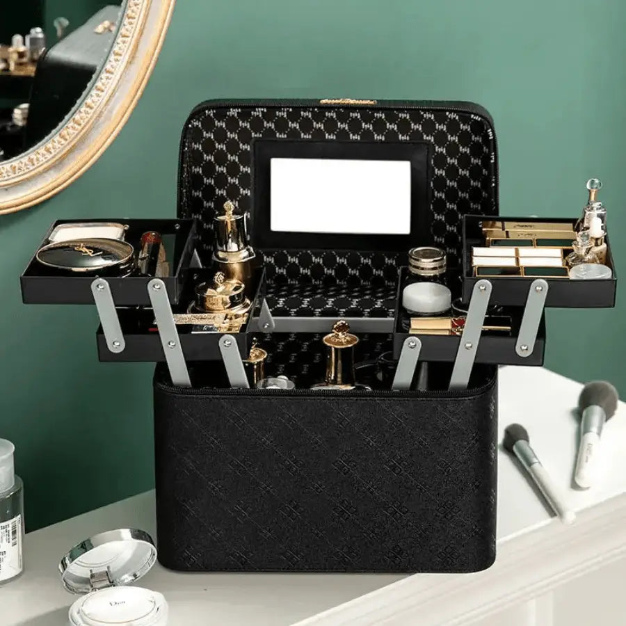 Mallette à maquillage noir chic élégant avec plateau ouvrant chaque côté