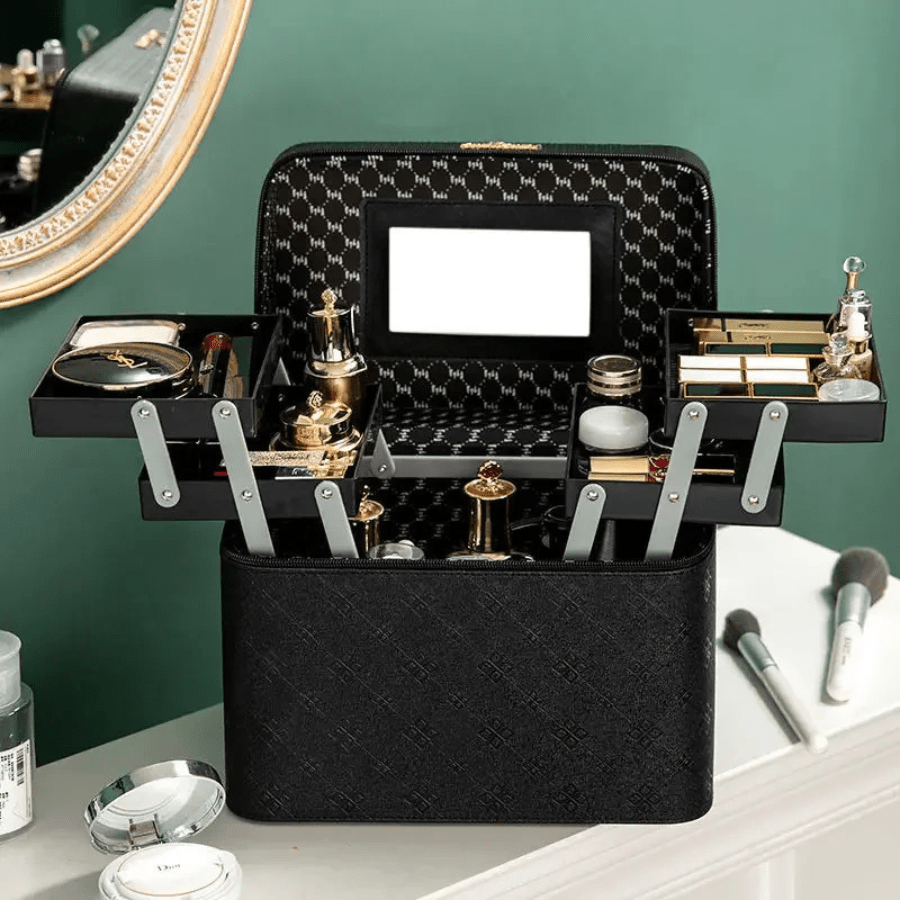 Mallette à maquillage noir chic élégant avec plateau ouvrant chaque côté