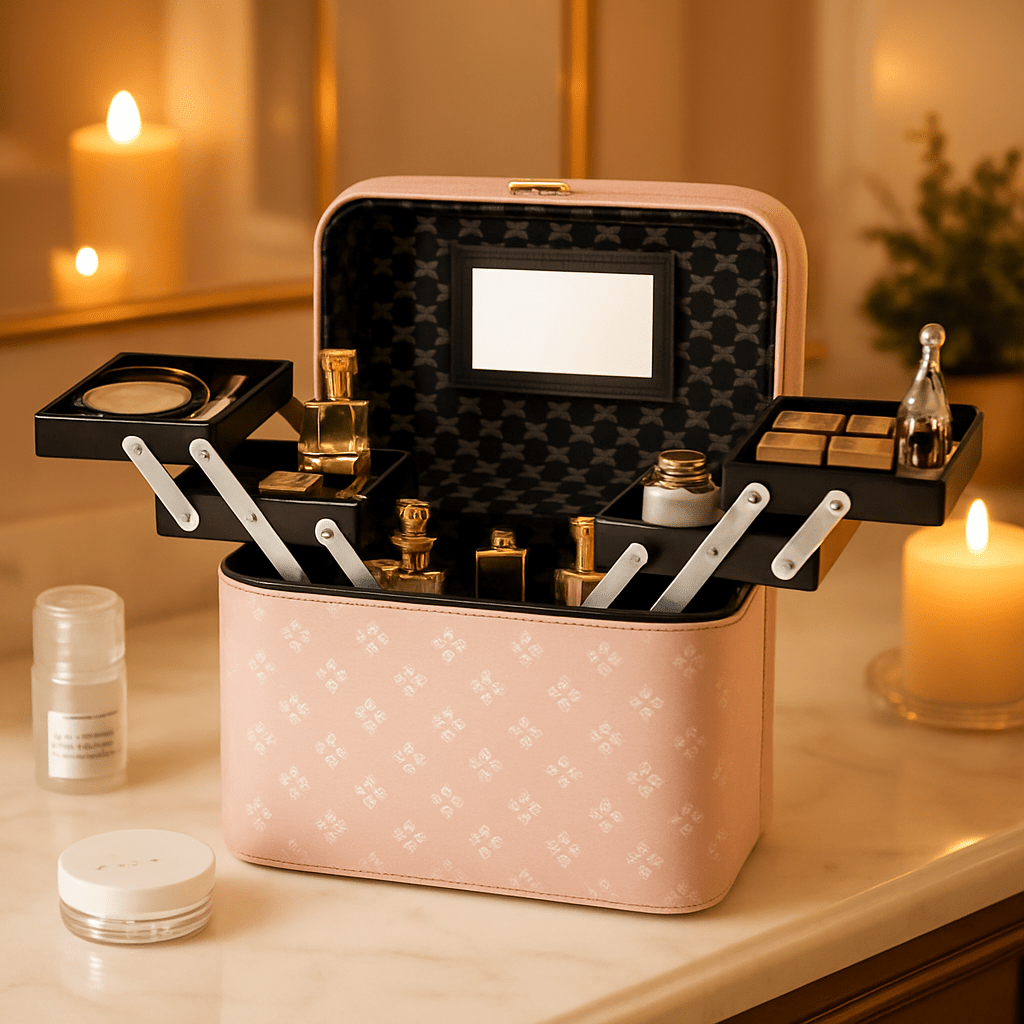 Mallette à maquillage rose de luxe avec plateau chaque côté ouvrant