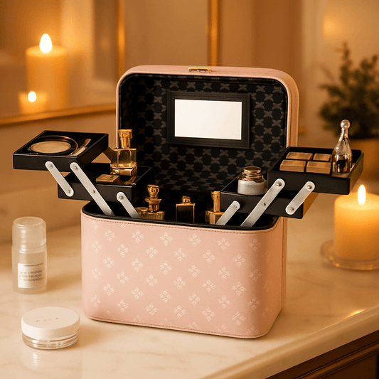 Mallette à maquillage rose de luxe avec plateau chaque côté ouvrant