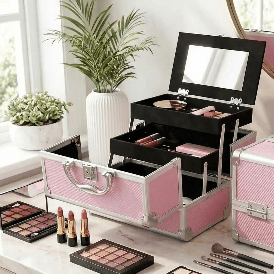 mallette pour maquillage professionnel rose ouverte avec produits