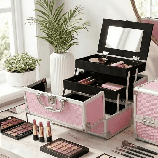 mallette pour maquillage professionnel rose ouverte avec produits