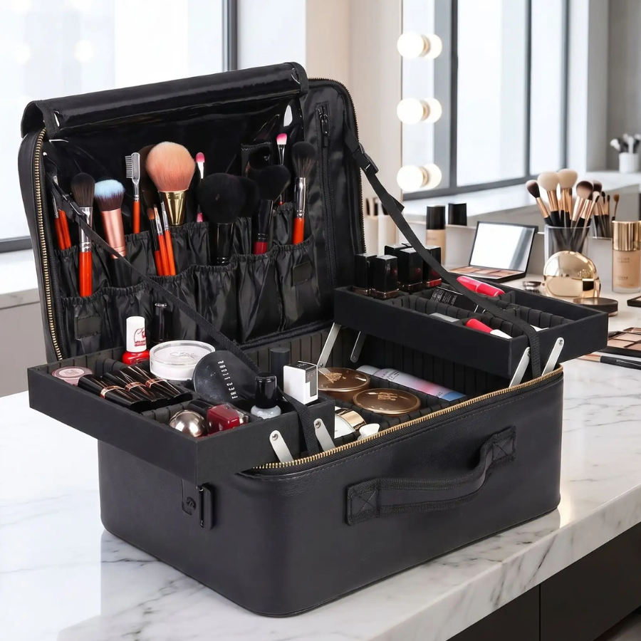 mallette pour maquillage professionnel noir avec compartiments multiple