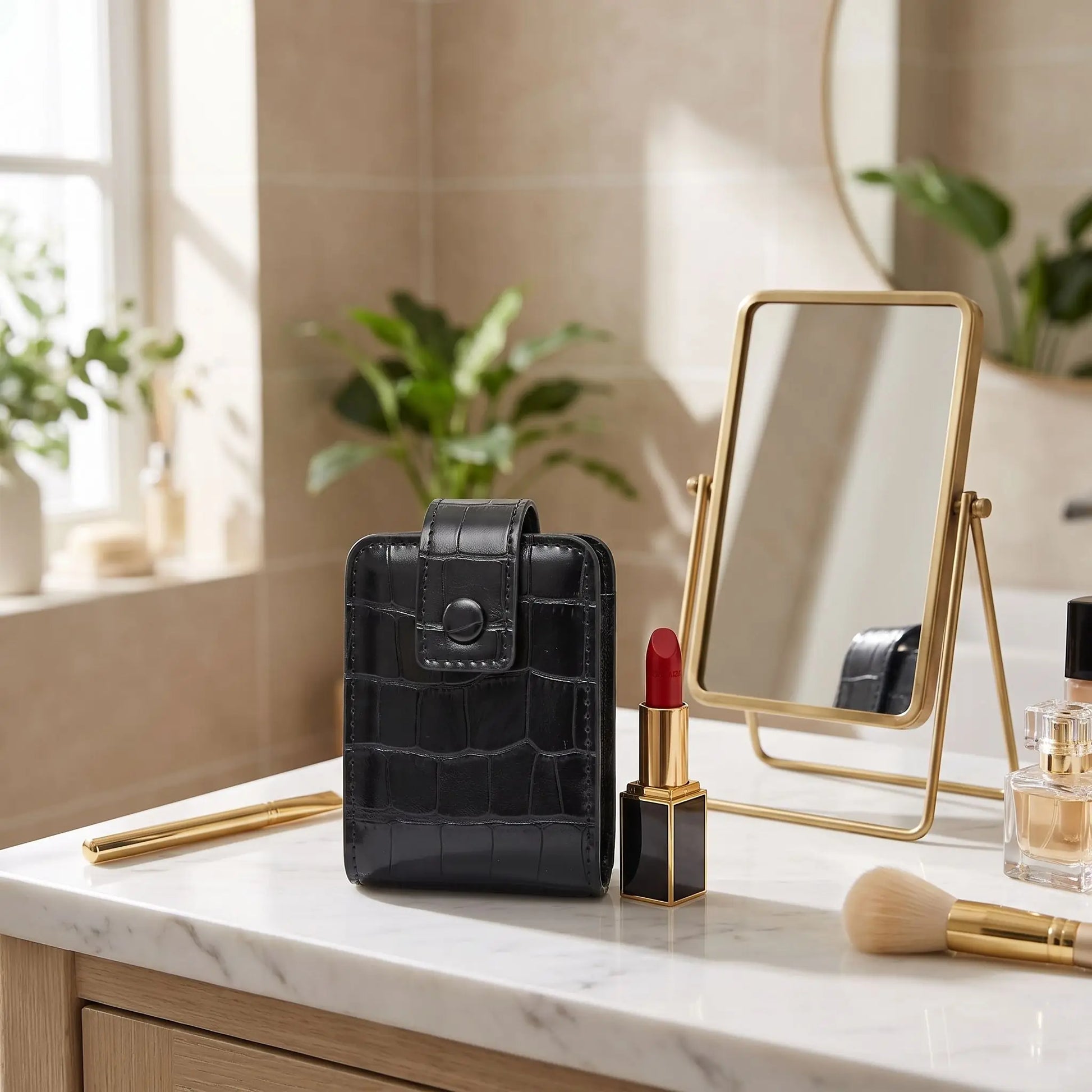 mini trousse de maquillage noir cuir pu crocrodile