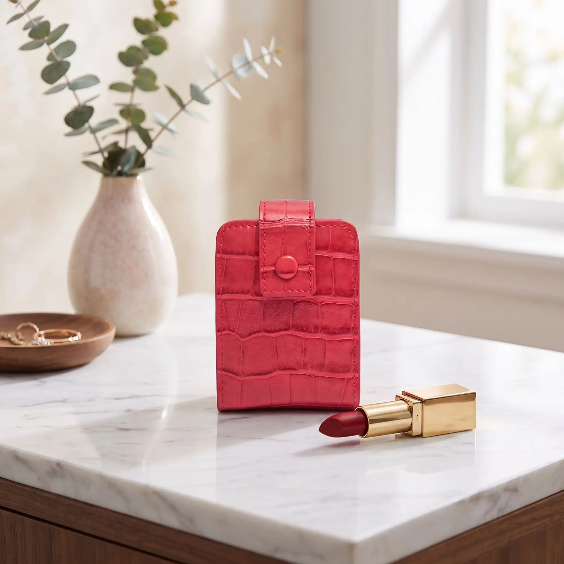 mini trousse maquillage rouge en cuir pu crocrodile