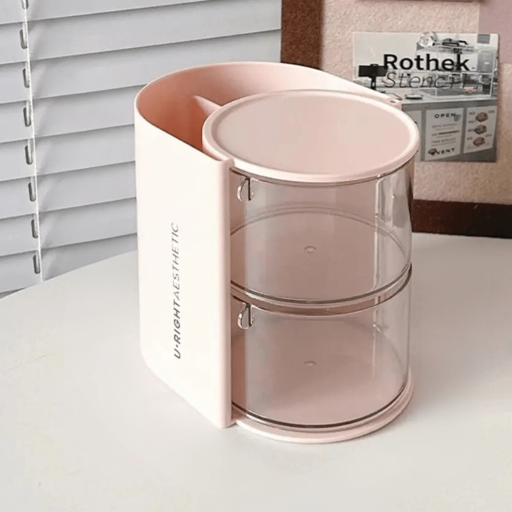 organisateur de maquillage rose deux compartiments