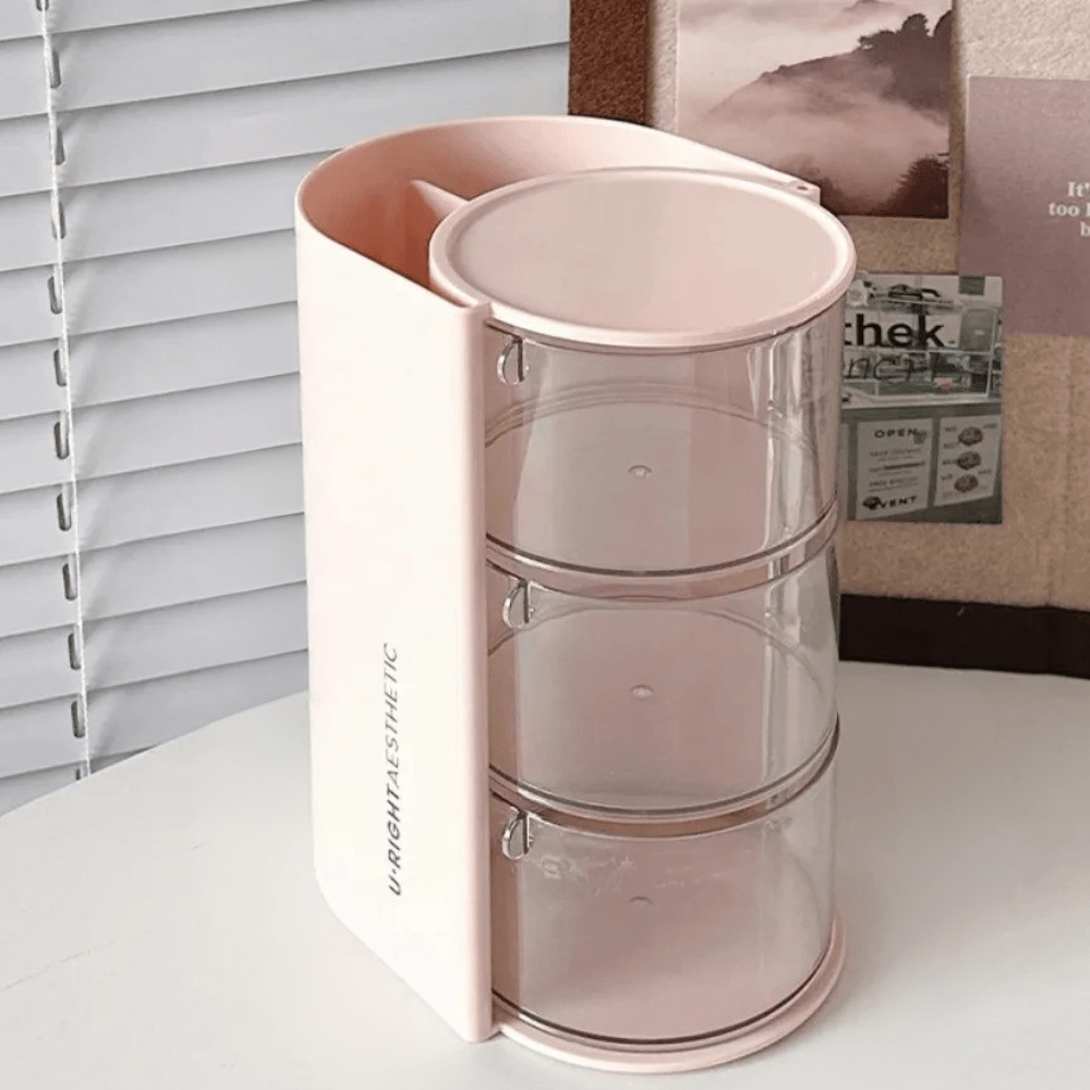 organisateur de maquillage rose trois compartiment