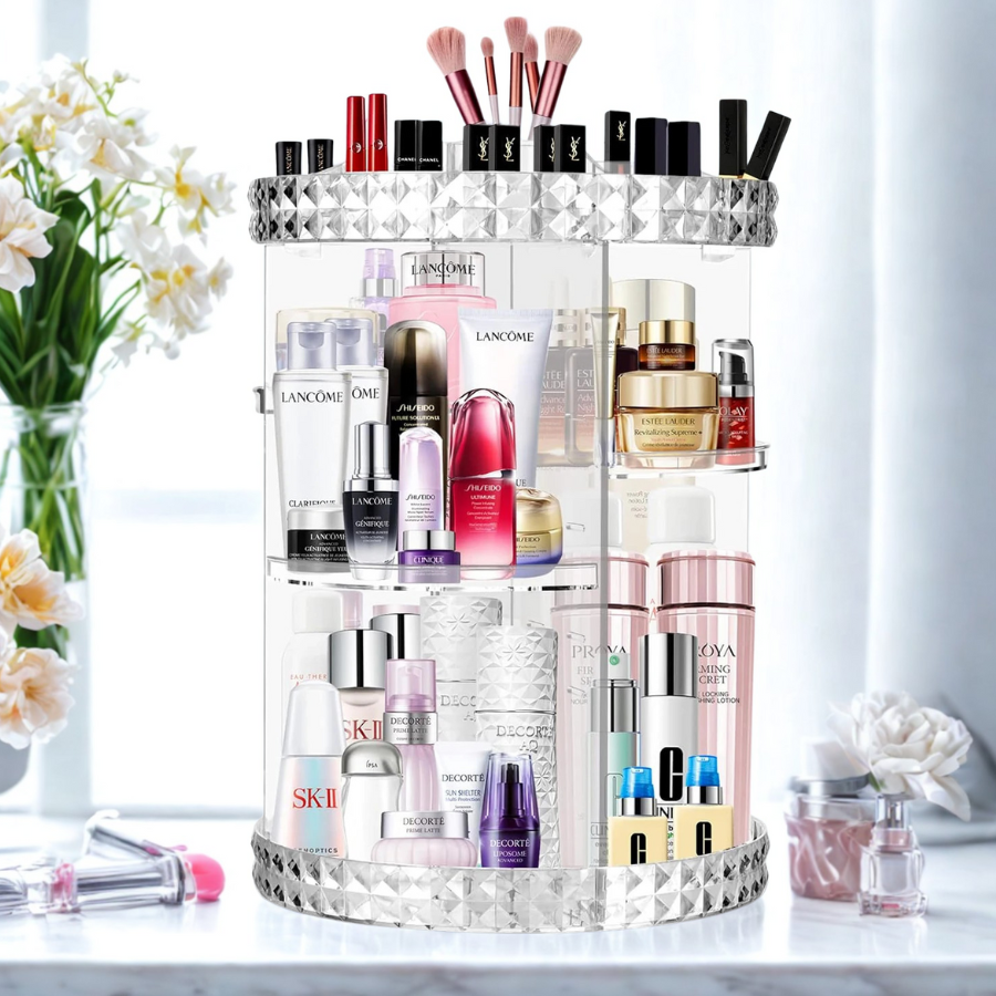Organisateur de maquillage rotatif avec bordure en pointe de diamant plastique