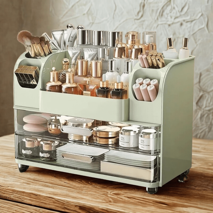 organisateur de maquillage vert en plastique avec produits rangés