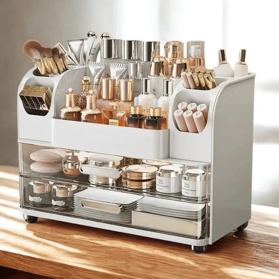 organisateur maquillage blanc plastique avec produits de beauté