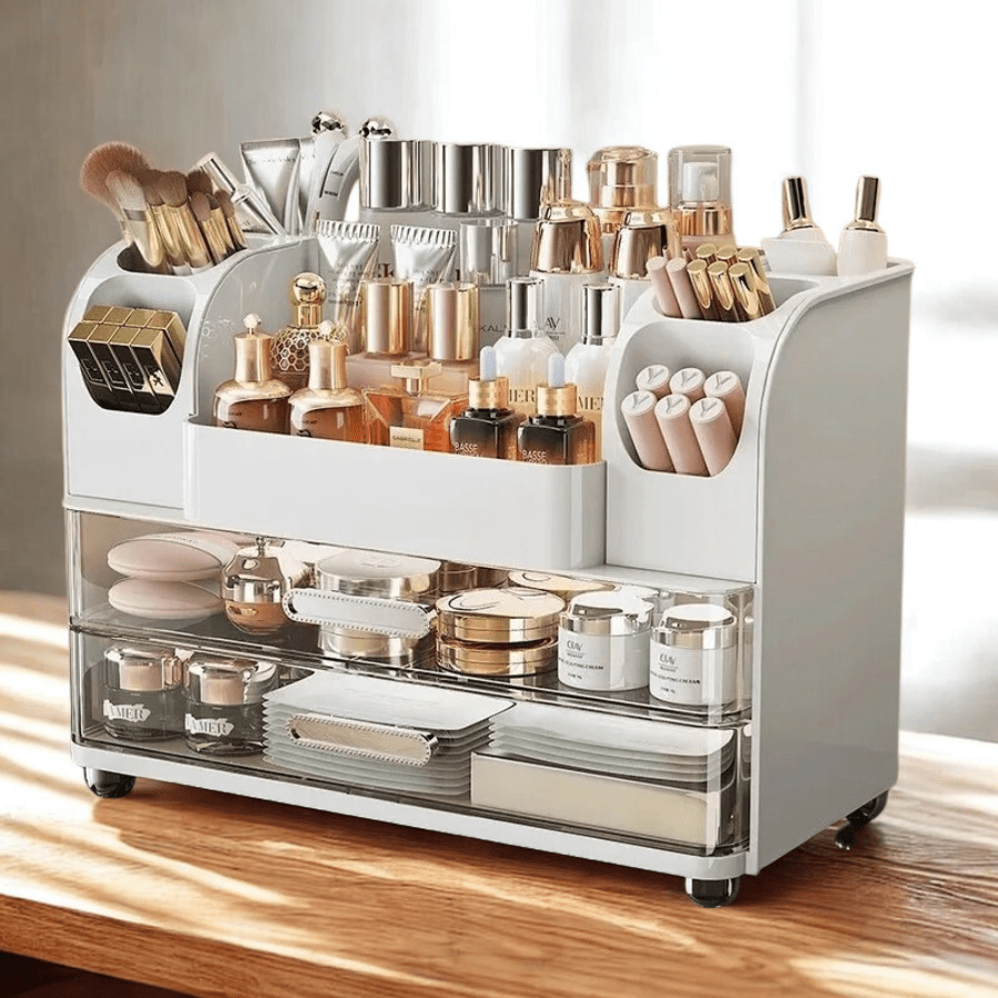 organisateur maquillage blanc plastique avec produits de beauté