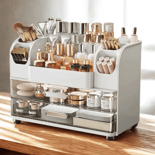organisateur maquillage blanc plastique avec produits de beauté