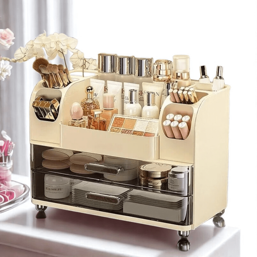 organisateur de maquillage beige avec produits rangés