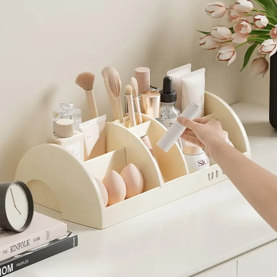 organisateur maquillage beige multicompartiment