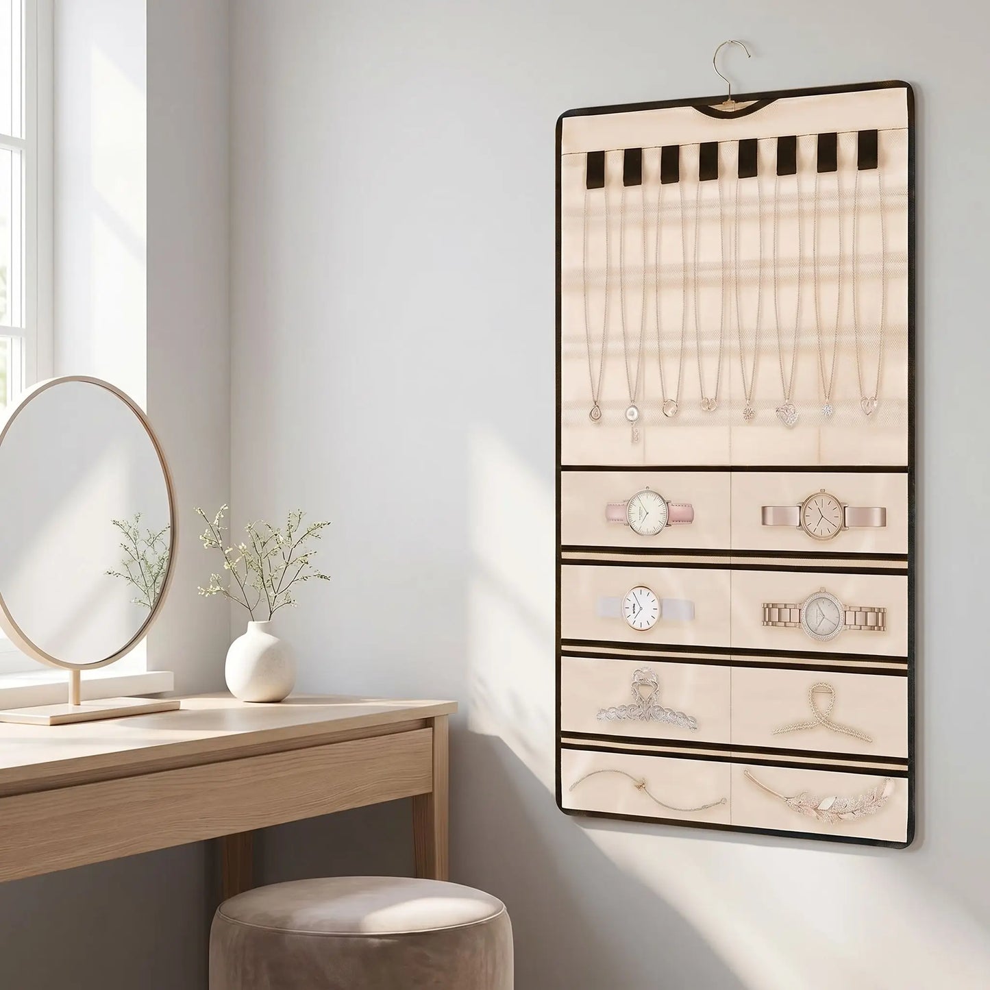 organisateur pour bijoux accroché au mur