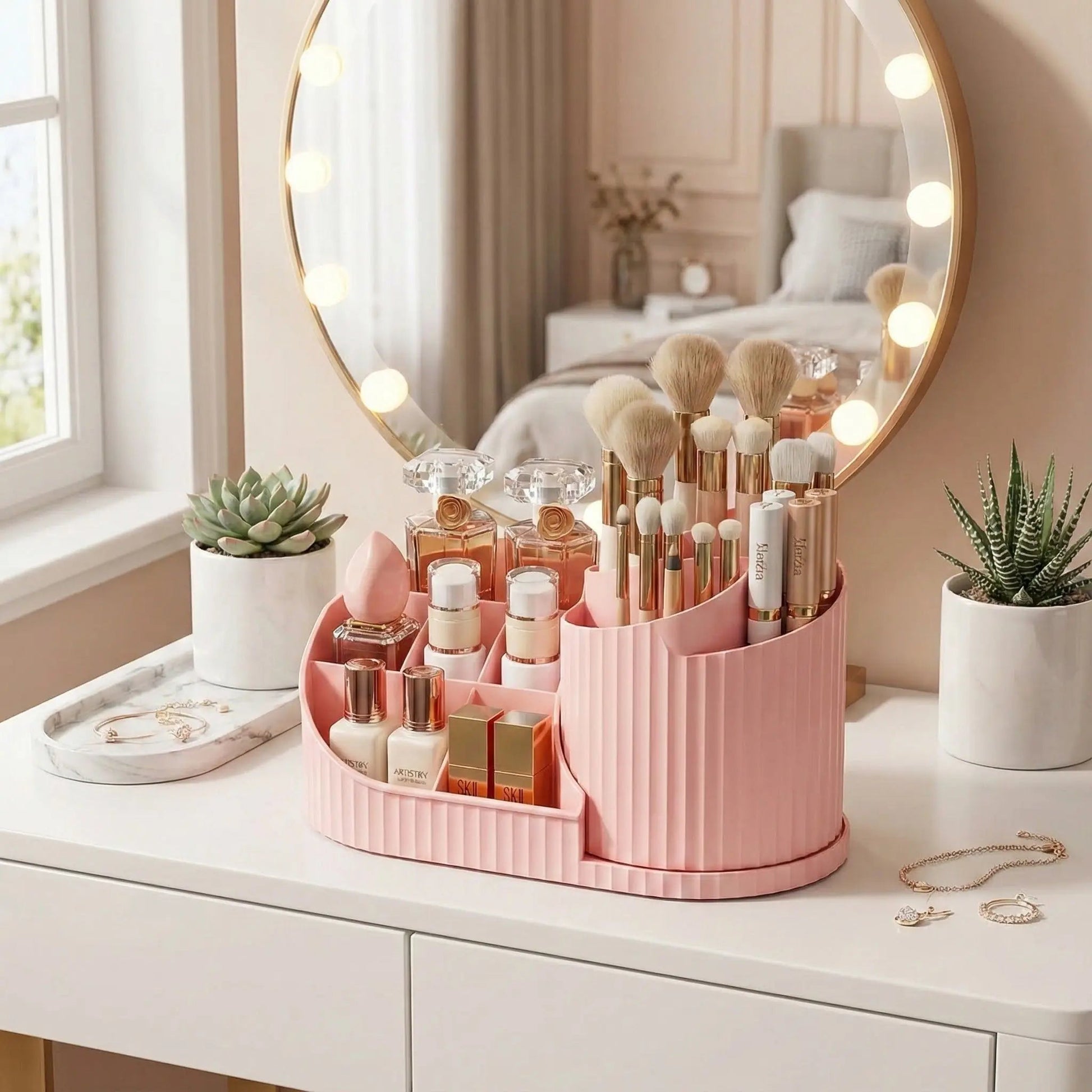organisateur pour maquillage rose en acrylique