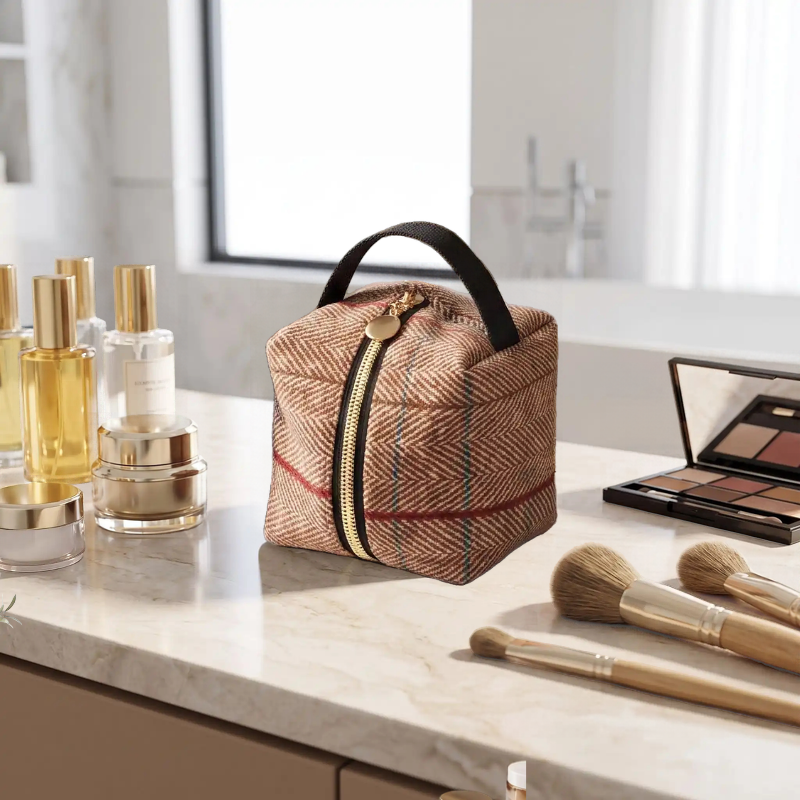 petite trousse maquillage en laine beige rayé