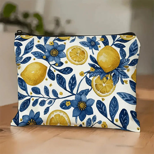 pochette à maquillage citron jaune fleur bleu