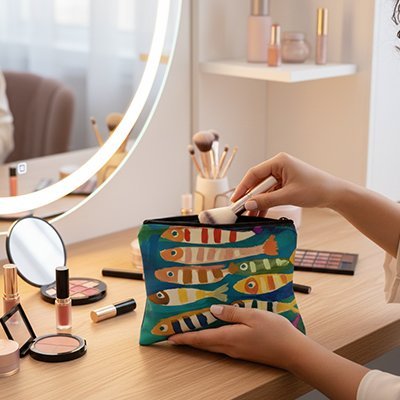 pochette à maquillage avec une main qui range produits