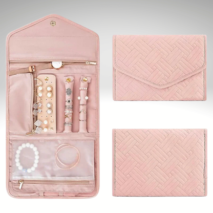 pochette bijoux voyage rose avec compartiments intérieur