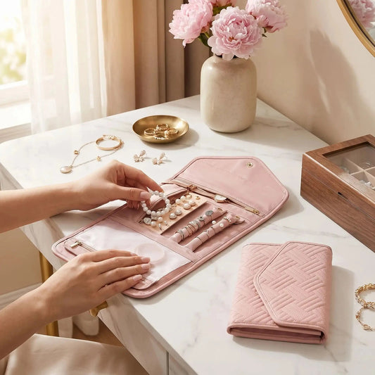 pochette bijoux voyage rose avec ses bijoux rangés