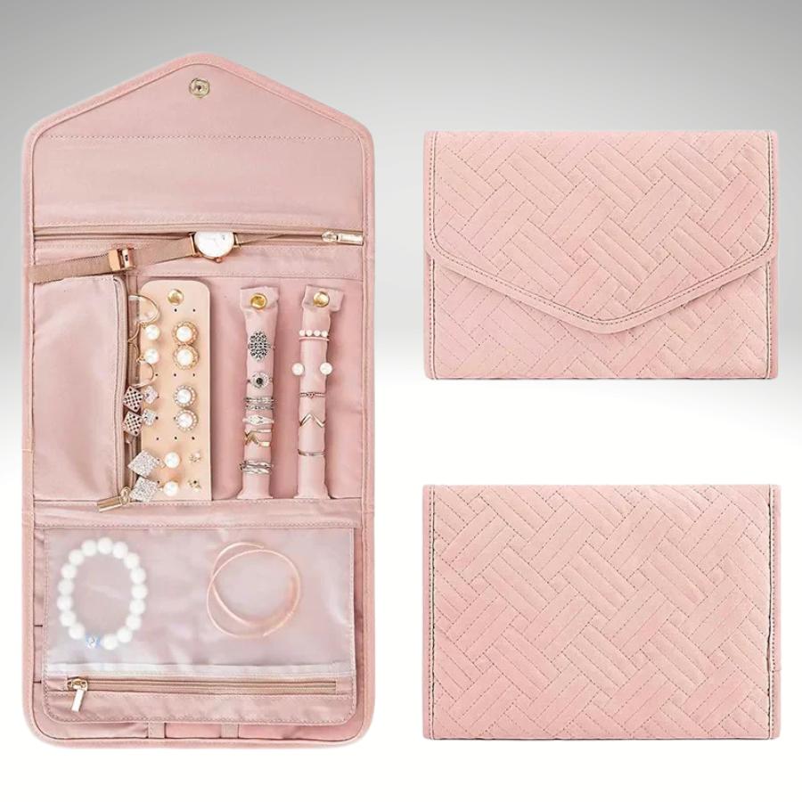 pochette bijoux voyage rose avec compartiments intérieur